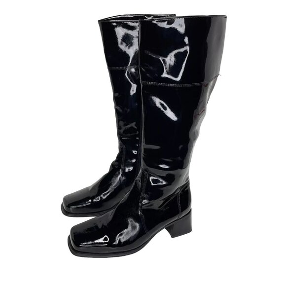 LA CANADIENNE Tall Black Patent Leather Boots Sz 8 Knee High Square Toe - Picture 6 of 8